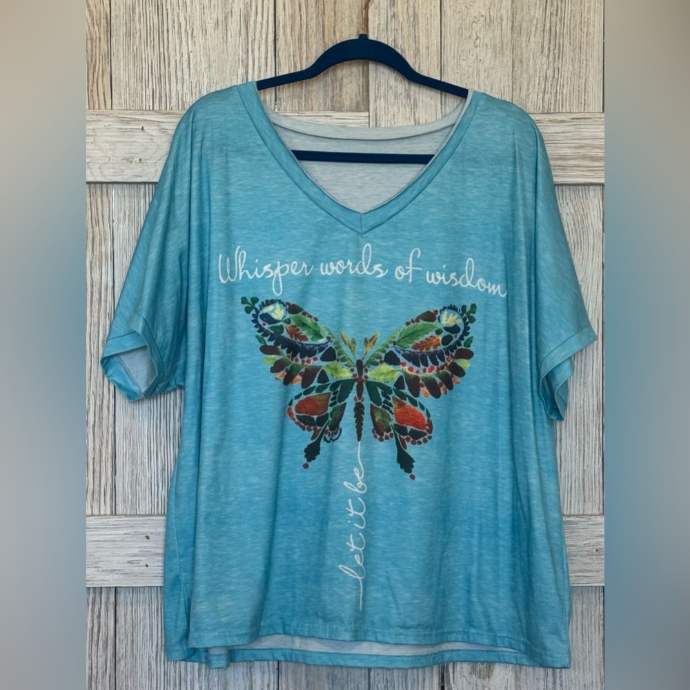 Aqua Blue V Neck Butterfly Tee “Words of Wisdom” “Let it Be” Sz 3Xl